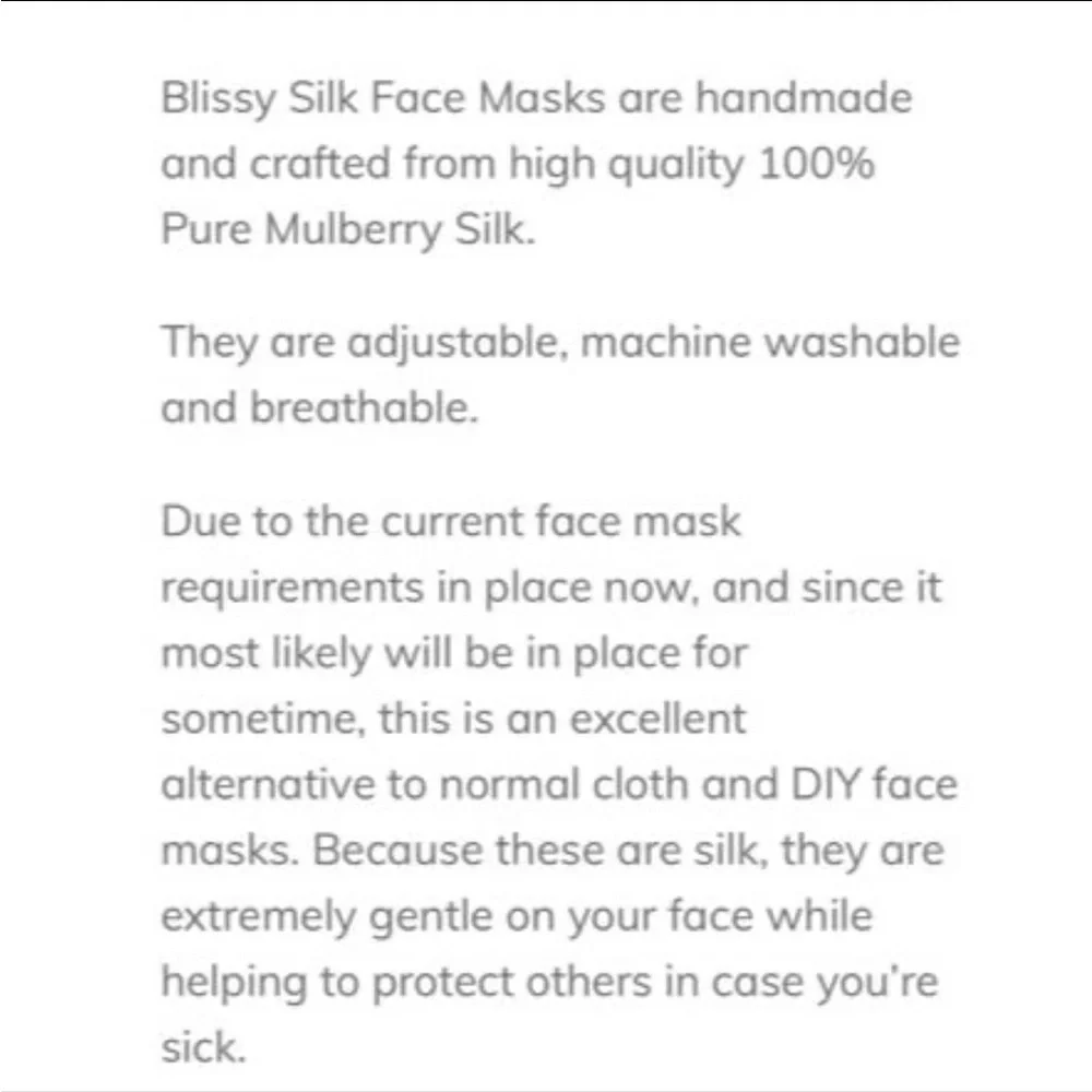 NWT Blissy Adjustable 100% Mulberry Silk Personal Face Mask Light Pink
